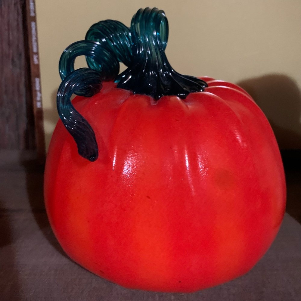 Signed Hand Blown Glass Pumpkin 2018 Opaque Orange Teal Stem Fall